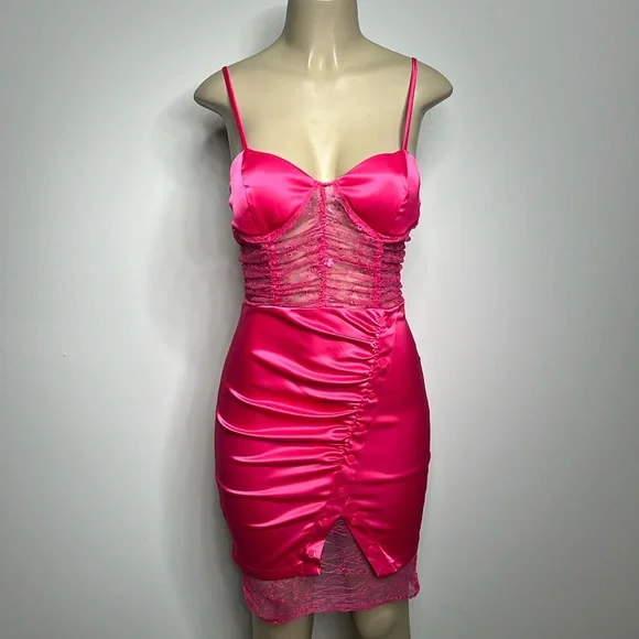 SHEIN | Dresses | Shein Size 6 Medium Hot Pink Satin And Lace Midi Dress  Nwot | Poshmark